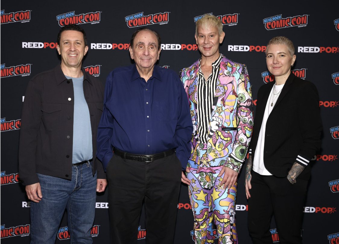 R.L. Stine on Tubi panel at New York Comic Con 2026. Left to right: Adam Lewinson, R.L. Stine, Jimbo and Jem Garrard