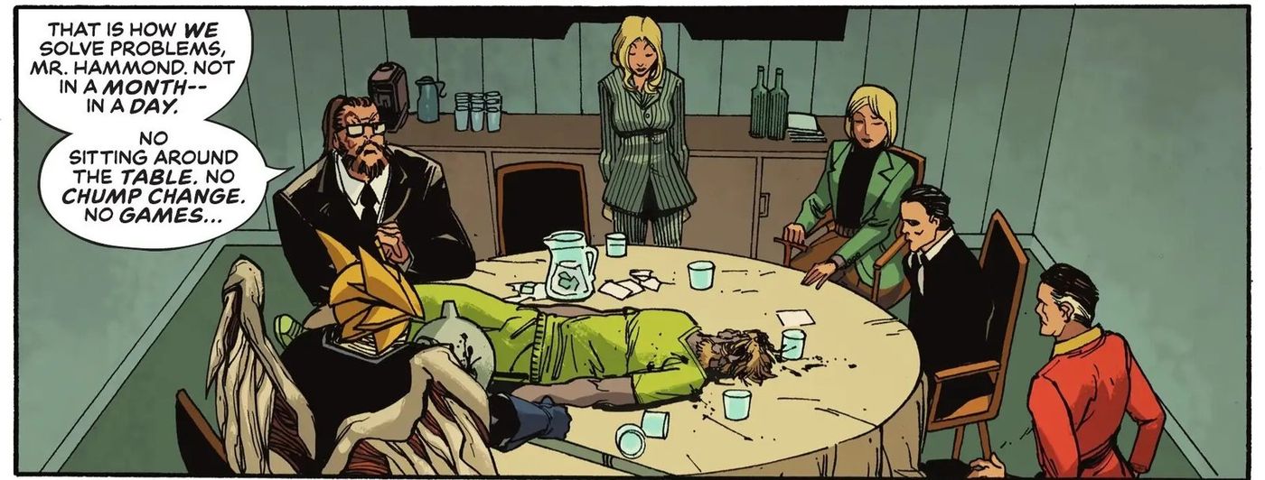 Oliver Queen dead on the round table while the members of the Absolute Justice League look on