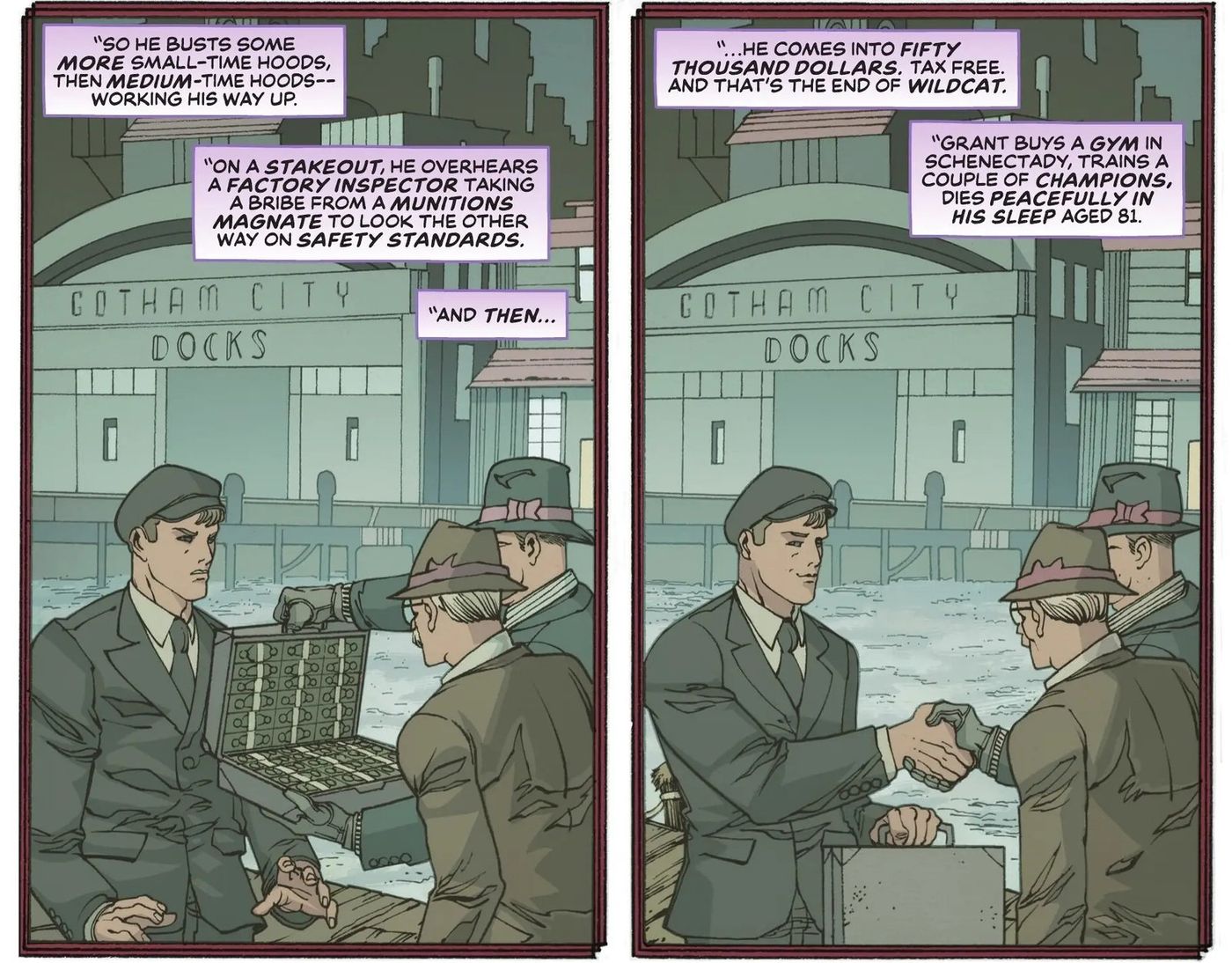 Ted Grant, Wildcat, shaking hands over a briefcase of cash at the Gotham City docks