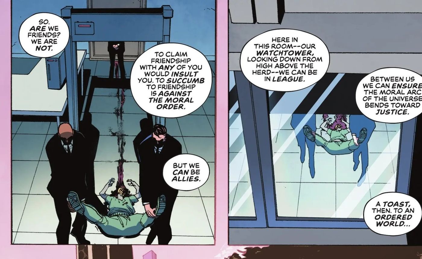 Oliver Queen's body dragged out of the Watchtower during the toast to an ordered world