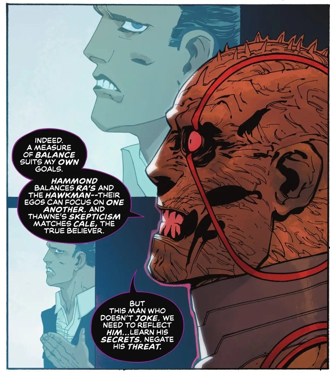 Brainiac explaining how he balanced the Justice League roster