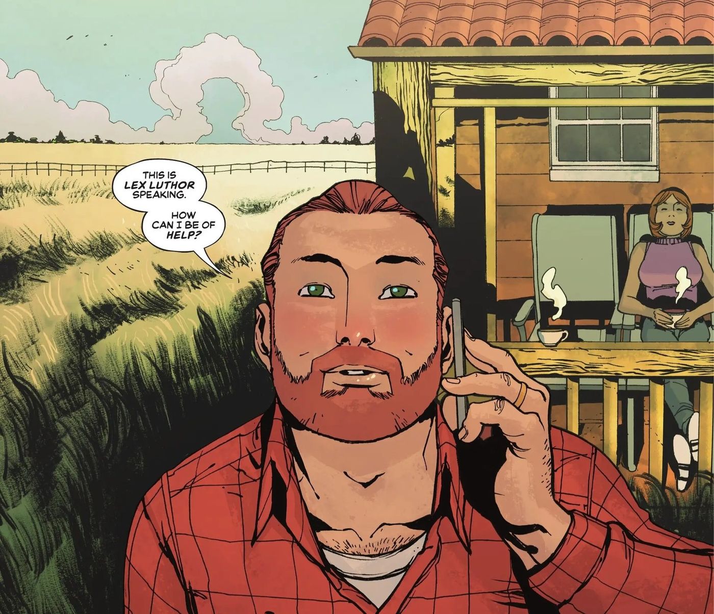 Lex Luthor in a flannel shirt answering the phone outside his farmhouse