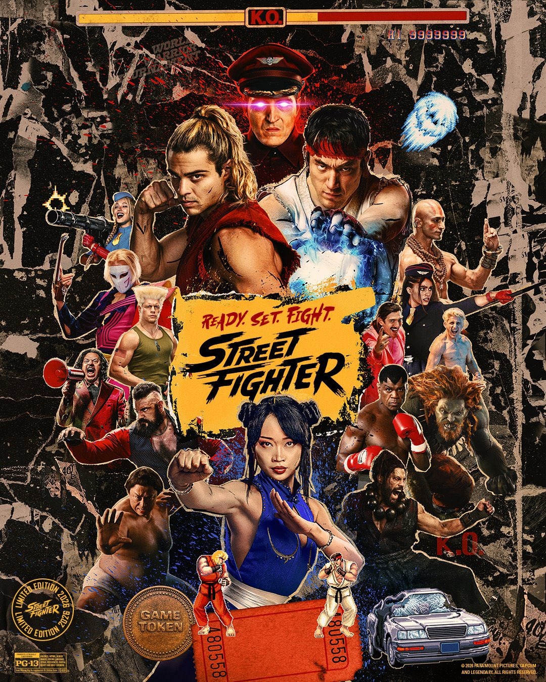 Street Fighter theatrical poster: the full cast in costume around the Street Fighter logo, styled like an arcade cabinet with a K.O. bar and a game token