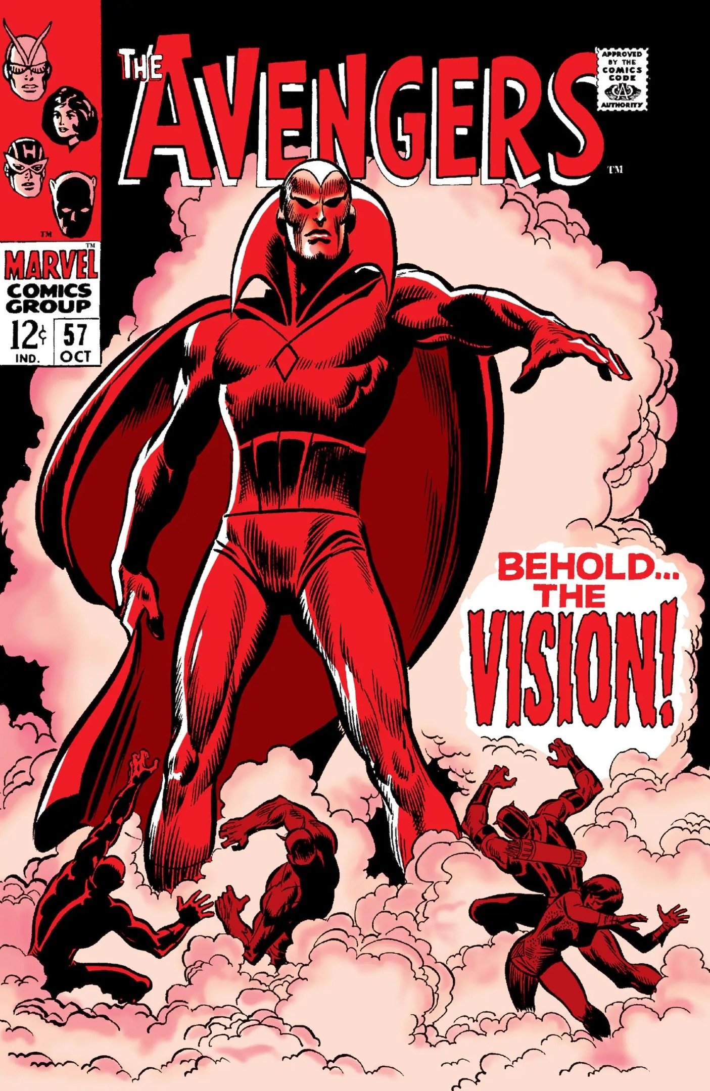 The Avengers #57 cover: the Vision looming over the fallen Avengers, captioned Behold the Vision